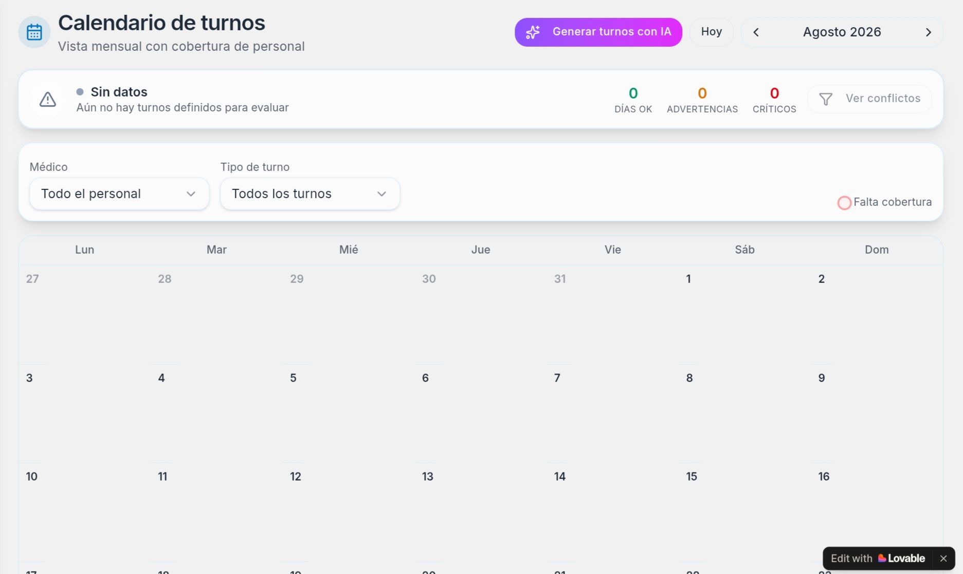 Calendario de turnos con cobertura de personal